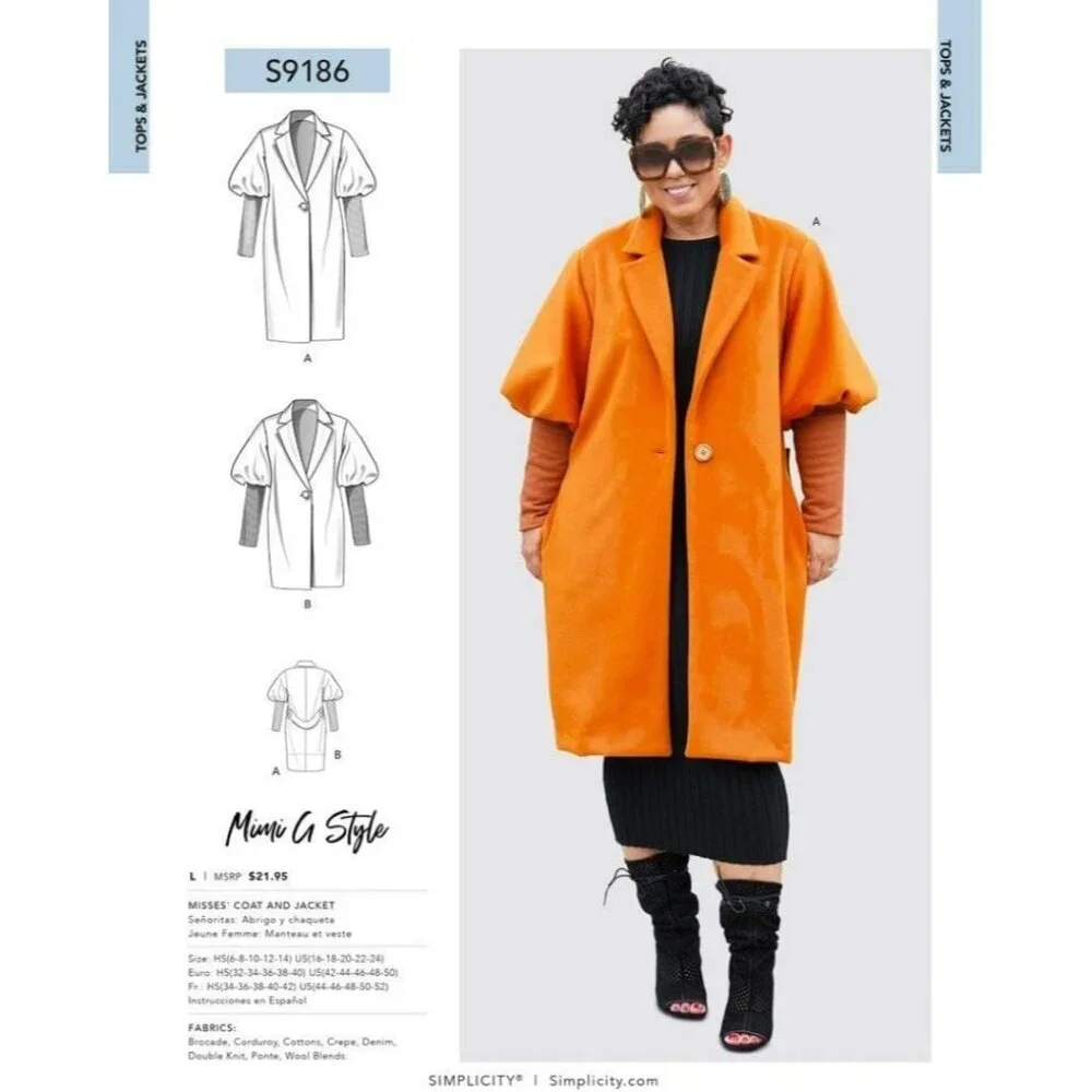 Simplicity Sewing Pattern 9186 10737 Coat Jacket by Mimi‎ G Style Size 6-14
